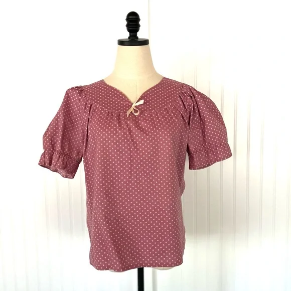 Vintage Pink Polka Dot Peasant Blouse Large Bow Detail Puff Sleeves 100% Cotton - Picture 2 of 9